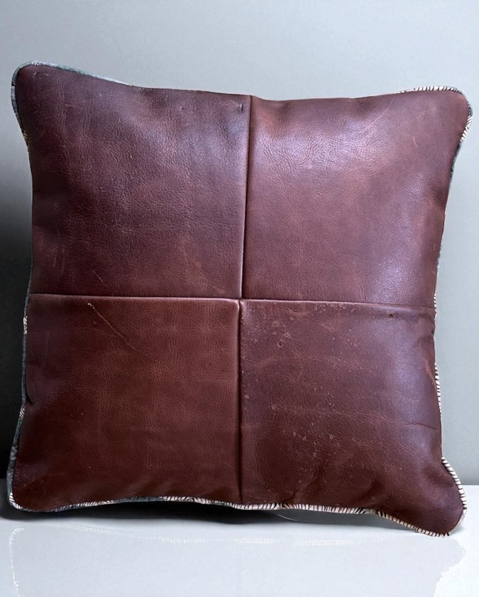 Cushion | Kudu Leather Dark Brown Front, Ocean Blue Back