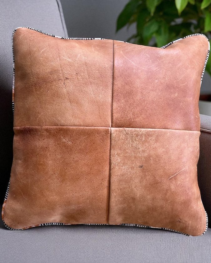 Cushion | Kudu Leather Tan Front, Forest Rooibos Back